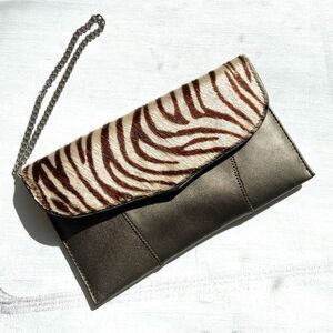 Falchi Italian Lambskin Zebra Calf Hair Metallic Clutch Wristlet, NWT Unused